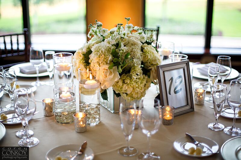 Corey Conroy Photography, Bella Collina, Vangie's Events of Distinction, Vangie Events, Blossoms, cream and white floral centerpieces