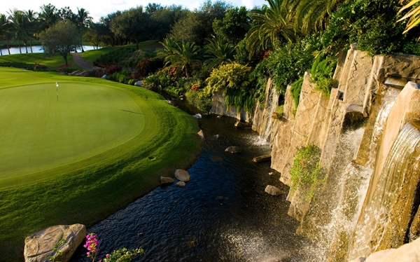 Golf course and waterfall